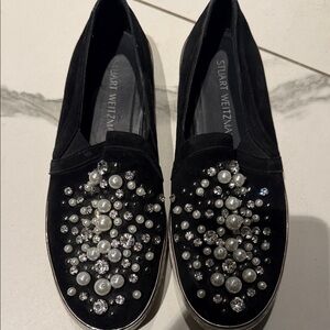 Stuart Weitzman Black Pearl & Crystal Embellished Slip-Ons